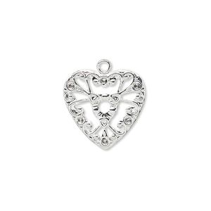 Charm, silver-plated brass, 17mm fancy heart. Sold per pkg of 10.