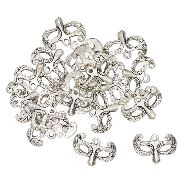 Charm, antique silver-finished "pewter" (zinc-based alloy), 21x11mm single-sided Mardi Gras mask. Sold per pkg of 20. image number 0