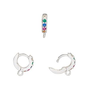 Hoop, silver-finished brass / glass / cubic zirconia, multicolored, 11mm hoop, 18 gauge. Sold per pair.