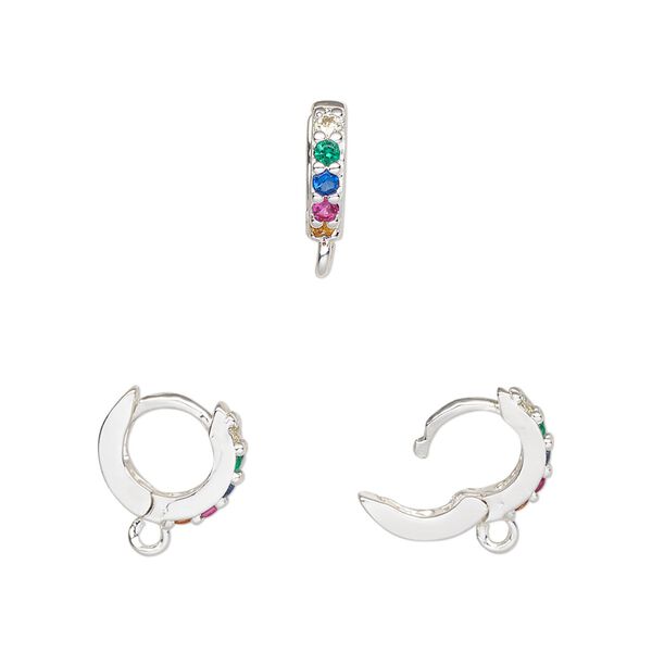 Hoop, silver-finished brass / glass / cubic zirconia, multicolored, 11mm hoop, 18 gauge. Sold per pair. image number 0