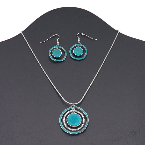 Necklace and earring set, druzy (imitation) / enamel / silver-finished brass / "pewter" (zinc-based alloy), aqua blue, 36mm open round, 16 inches with 3-inch extender chain and lobster claw clasp, 43mm with open round and fishhook ear wire. Sold per set. image number 0