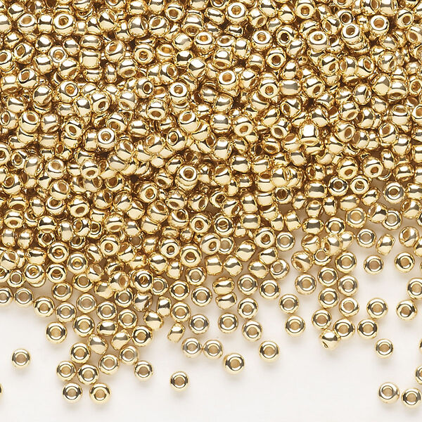 Seed bead, Dyna-Mites™, glass, pkg/40g, #11 round, opaque 24Kt gold-plated, (570 11/0 RR). image number 0