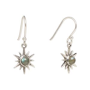 Earring, Create Compliments®, antiqued sterling silver and labradorite (natural), fishhook, 27mm with 12mm single-sided star, 21 gauge. Sold per pair.