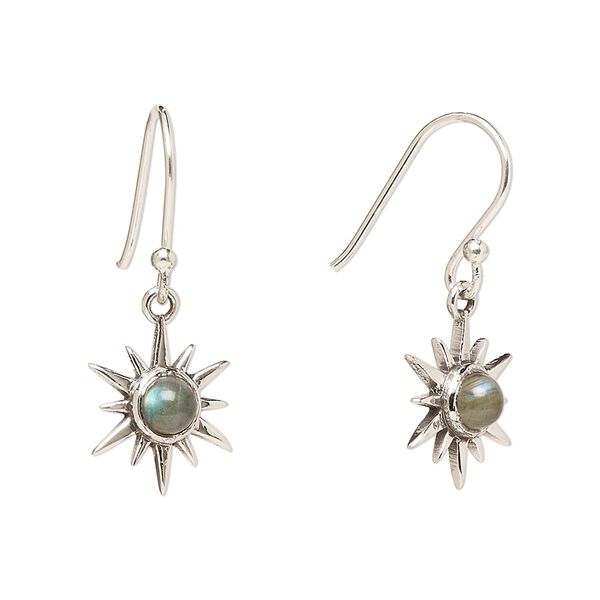 Earring, Create Compliments®, antiqued sterling silver and labradorite (natural), fishhook, 27mm with 12mm single-sided star, 21 gauge. Sold per pair. image number 0