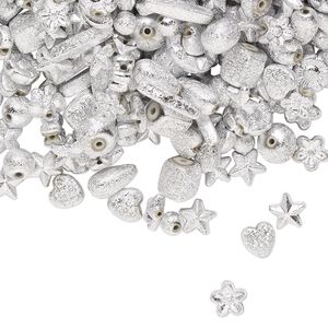 Bead mix, acrylic, silver, 6mm-14x5mm mixed stardust shape. Sold per 100-gram pkg, approximately 300-400 beads.