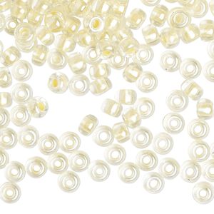 Seed bead, Miyuki, glass, pkg/25g, #6 rocaille, translucent light yellow-lined pearlized crystal clear, (RR-4603).