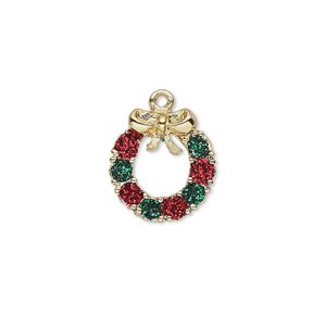 Charm, enamel and gold-finished "pewter" (zinc-based alloy), red and green with glitter, 15x14mm single-sided wreath. Sold individually.