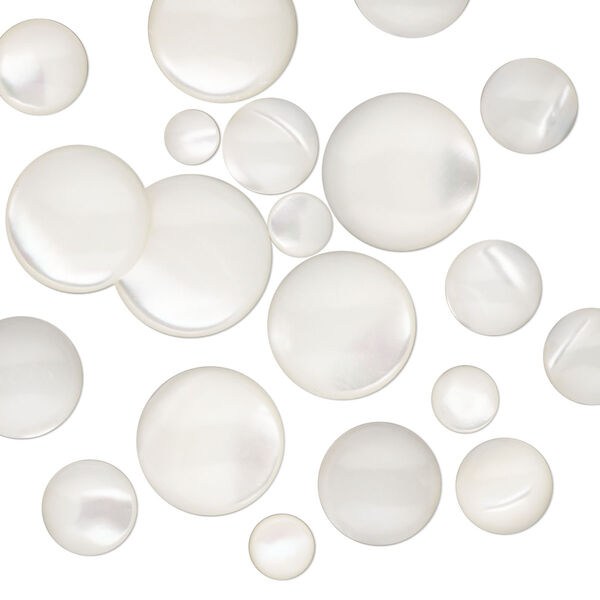 Cabochon, mother-of-pearl shell (bleached), 4-12mm non-calibrated round, Mohs hardness 3-1/2. Sold per pkg of 20. image number 0