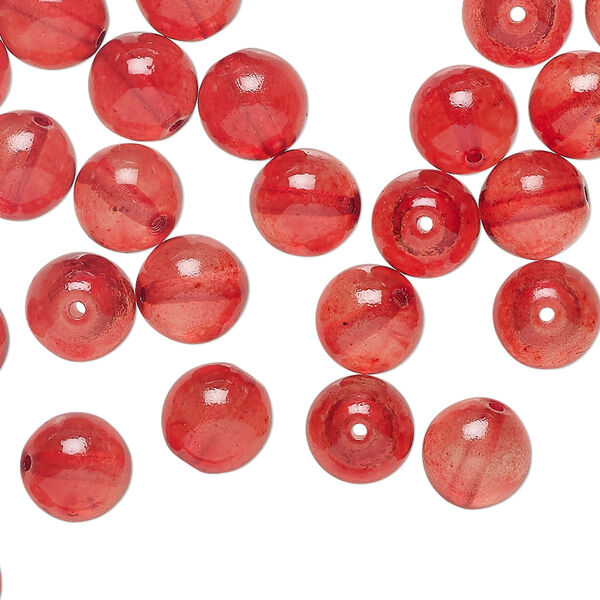 Bead, Czech dipped décor glass druk, red, 8mm round. Sold per 15-1/2" to 16" strand. image number 0