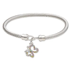 Bracelet, bangle, Czech glass rhinestone with silver-plated brass and "pewter" (zinc-based alloy), multicolored, 4mm twisted cable with 16x15mm open butterfly, 7-1/2 inches with hook-and-eye clasp. Sold individually.