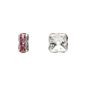 Bead, glass rhinestone and silver-plated brass, rose, 8x4mm squaredelle. Sold per pkg of 10.