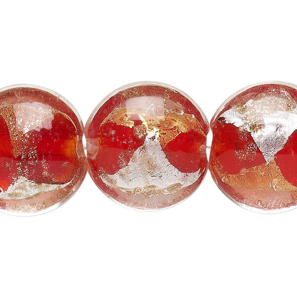 Bead, lampworked glass, red with copper-colored glitter and silver- and gold-colored foil, 20mm puffed flat round. Sold per 15-1/2" to 16" strand. image number 0