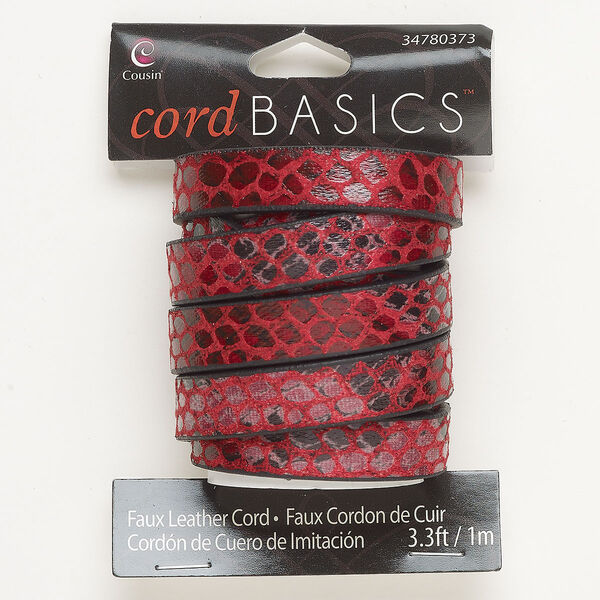 Cord, faux leather, pkg/1m, red and black, 11mm flat with spot design. image number 0