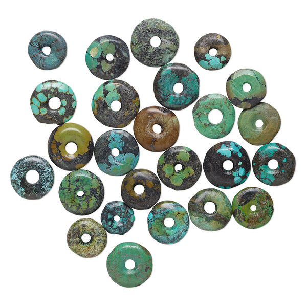Component, turquoise (dyed / stabilized), blue-green / green / green-brown, 14-32mm donut with heavy matrix, D grade, Mohs hardness 5 to 6. Sold per pkg of 25. image number 0