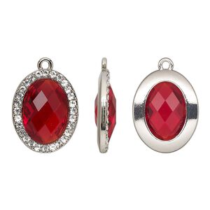 Drop, glass / glass rhinestone / imitation rhodium-finished "pewter" (zinc-based alloy), clear and transparent ruby red, 23.5x19mm single-sided oval. Sold per pkg of 2.