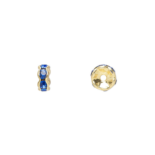 Bead, glass rhinestone and gold-finished brass, sapphire blue, 6x3mm rondelle. Sold per pkg of 10. image number 0