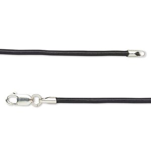 Necklace cord, Ellada Leather™, Greek leather (dyed) and sterling silver, black, 1.5mm smooth round, 16 inches with lobster claw clasp. Sold individually.