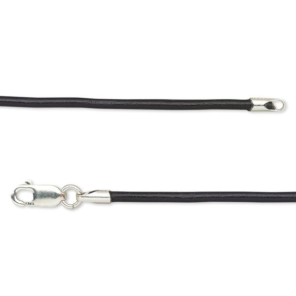 Necklace cord, Ellada Leather™, Greek leather (dyed) and sterling silver, black, 1.5mm smooth round, 16 inches with lobster claw clasp. Sold individually. image number 0