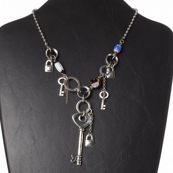 Necklace, glass / resin / silver- / antique silver-plated brass / "pewter" (zinc-based alloy) / steel, multicolored, 64x25mm key, 15 inches with 3-inch extender chain and lobster claw clasp. Sold individually. image number 0