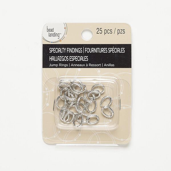 Jump ring, silver-finished steel, 11x8mm oval with rope design, 7.7x4.6mm inside diameter, 12 gauge. Sold per pkg of 25. image number 0
