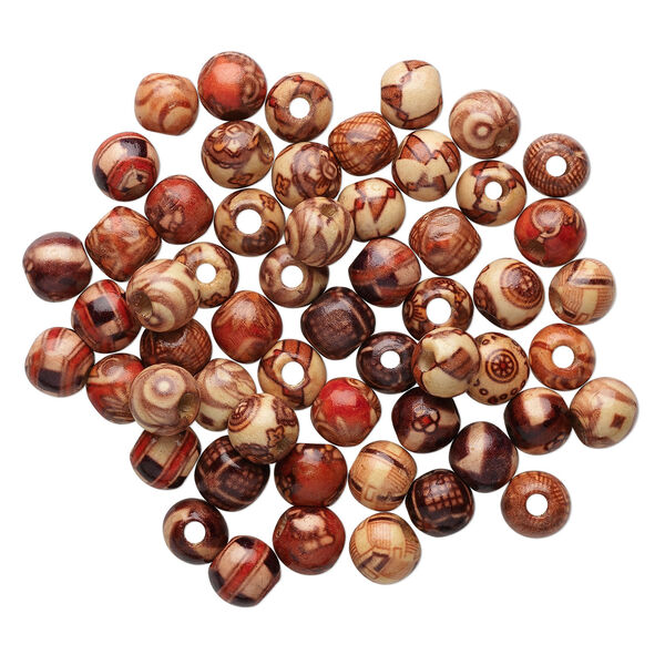 Bead mix, wood (coated), multicolored, 10mm hand-cut round with painted pattern. Sold per pkg of 100. image number 1