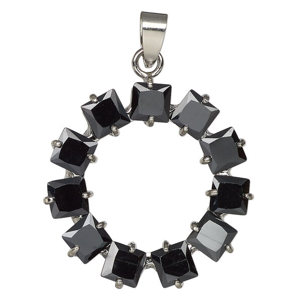 Pendant, antique silver-finished "pewter" (zinc-based alloy) and cubic zirconia, black, 33mm circle. Sold individually. image number 0