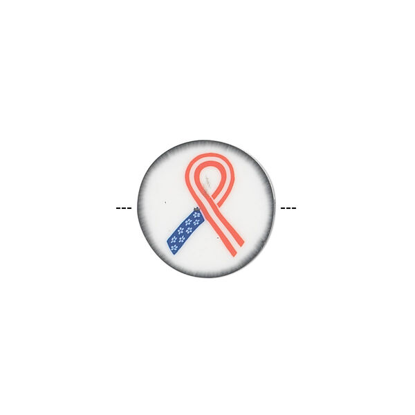 Bead, polymer clay, multicolored, 14mm double-sided flat round with awareness ribbon. Sold per pkg of 30. image number 0