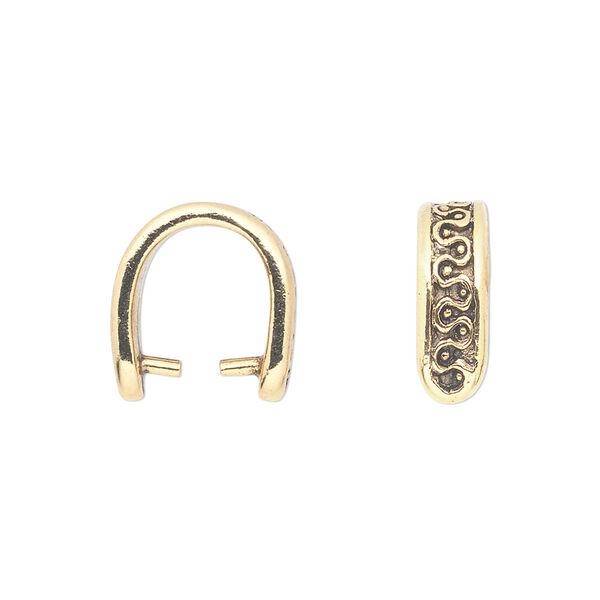 Bail, ice-pick. pewter (tin-based alloy), pkg/1, antique gold plate, 14x13mm with  scroll design, 10mm grip length. image number 0