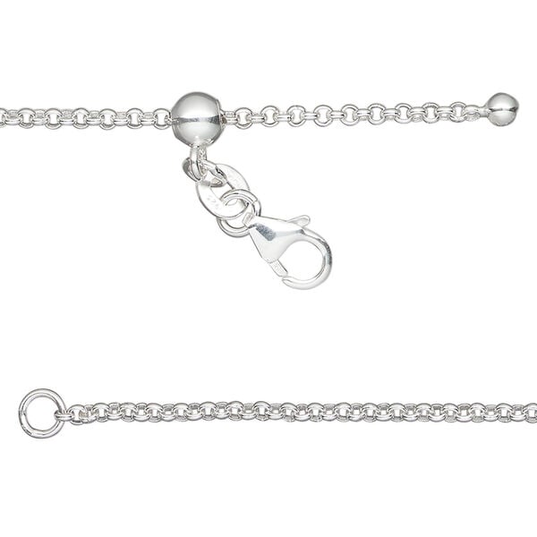 Chain 1pkg1, sterling silver and silicone, 1.8mm rolo, 16 to 24 inches with lobster claw clasp and 5mm adjustable slider bead. image number 0