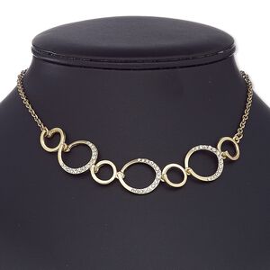 Necklace, glass rhinestone / gold-coated plastic / gold-finished steel / "pewter" (zinc-based alloy), clear, link, 16 inches with 2-1/2 inch extender chain and lobster claw clasp. Sold individually.