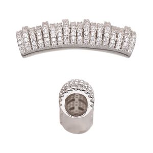 Bead, cubic zirconia and silver-plated brass, clear, 34x9mm curved tube. Sold individually.