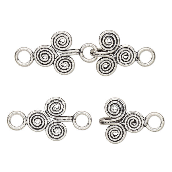 Clasp, hook-and-eye, antiqued sterling silver, 31x10mm-34x10mm with circle design. Sold per pkg of 3. image number 0