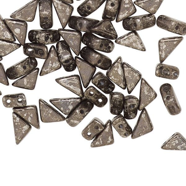 Bead, Tango™, Czech pressed glass, opaque jet antique chrome, 8x6x6mm triangle with (2) 0.7-0.8mm holes. Sold per 10-gram pkg, approximately 65 beads. image number 0