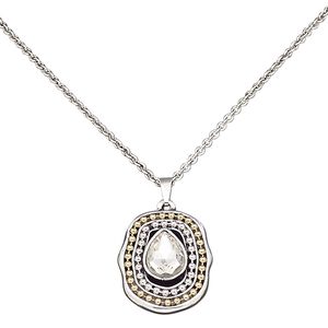 Necklace, glass rhinestone / antiqued silver-coated plastic / gold- / silver-finished brass / antiqued silver-finished steel / "pewter" (zinc-based alloy), clear, 30x26mm oval, 16 inches with 3-inch extender chain and lobster claw clasp. Sold individually.