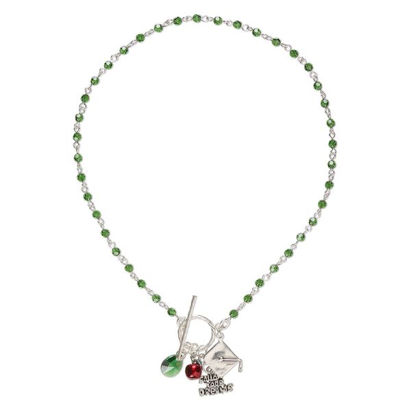 Necklace and earring set, One of a Kind jewelry, sterling silver and crystal, moss green, 16 inches. Only one available. image number 0