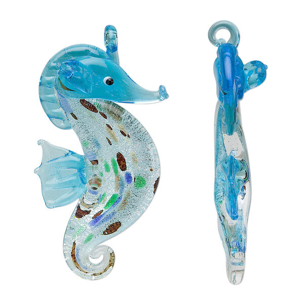 Focal, glass, sea blue foil, 58x30mm seahorse. Sold individually. image number 0