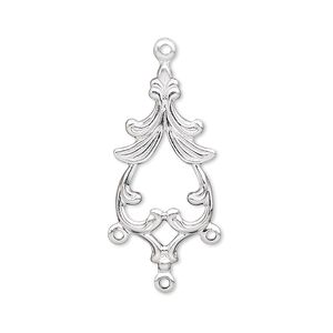 Drop, silver-plated brass, 27x13mm single-sided fancy spade with 3 loops. Sold per pkg of 10.