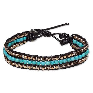 Magnesite / leather / "pewter" (zinc based alloy) 1pkg1, silver-plated / copper-plated bracelet / adjustable 8-9 inch / button clasp / 15mm wide