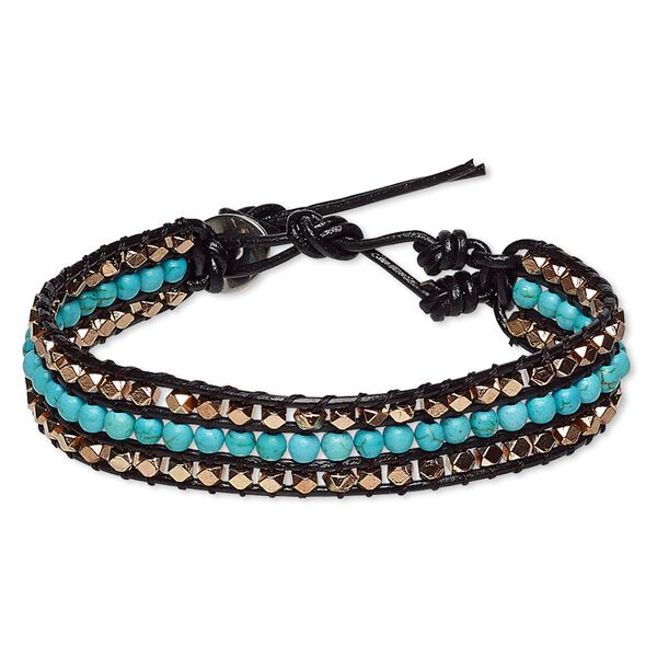 Magnesite / leather / "pewter" (zinc based alloy) 1pkg1, silver-plated / copper-plated bracelet / adjustable 8-9 inch / button clasp / 15mm wide image number 0