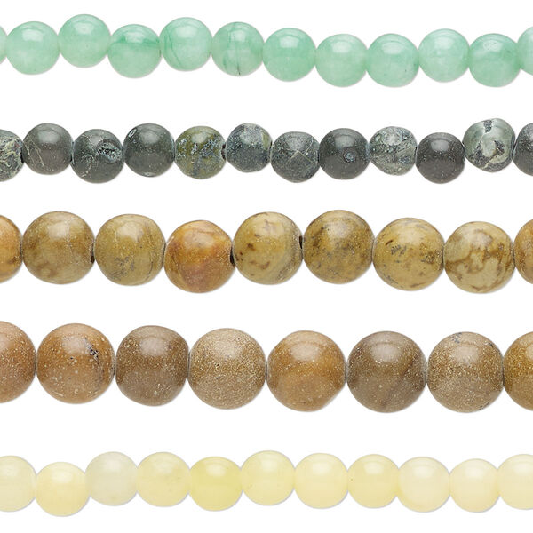 Bead mix, multi-gemstone (natural / dyed) and glass, pkg/(5) 15 inches, 4-6mm round, D grade, multicolored. image number 0