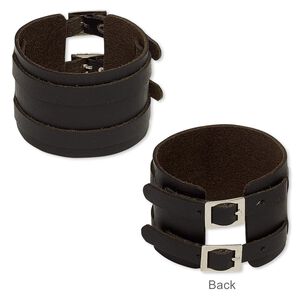 Bracelet, leather (dyed) with silver-plated brass and "pewter" (zinc-based alloy), black, 50mm wide, adjustable from 7-8 inches with buckle-style closure. Sold individually.
