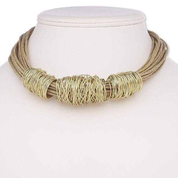 Necklace, multi-strand, waxed cotton cord / gold-coated plastic / gold-finished steel / brass, brown, wire wrap, 16 inches with 2-inch extender chain and lobster claw clasp. Sold individually. image number 0