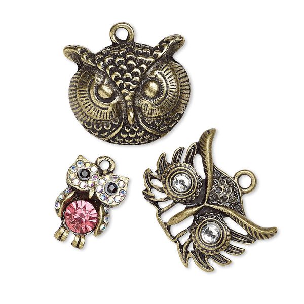 Charm, glass rhinestone and antique brass-finished "pewter" (zinc-based alloy), clear AB / pink / black, 19x13mm singled-sided owl / 27x21mm single-sided owl head / 26x22mm single-sided owl head. Sold per 3-piece set. image number 0