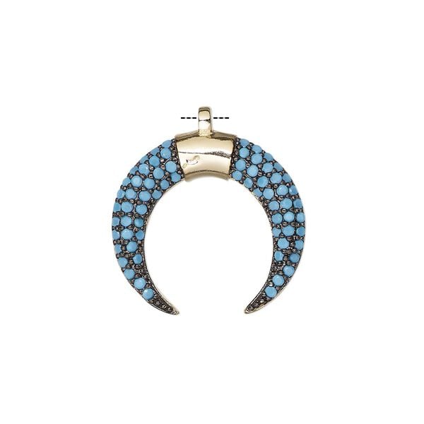Drop, cubic zirconia and gold-finished brass, turquoise blue, 20x19mm single-sided naja. Sold individually. image number 0