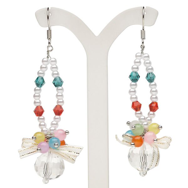 Earring, acrylic / glass / organza ribbon / silver-finished steel, multicolored, faceted round, 2-1/2 inches with fishhook ear wire. Sold per pair. image number 0