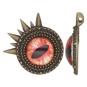 Focal, antique brass-finished "pewter" (zinc-based alloy) and glass, red / yellow / black, 40mm single-sided round dragon eye. Sold individually.