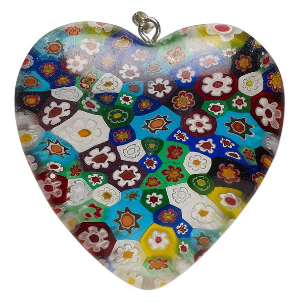 Pendant millifiori glass steel 1pk 40mm puffed heart, translucent multicolored silver finish image number 0