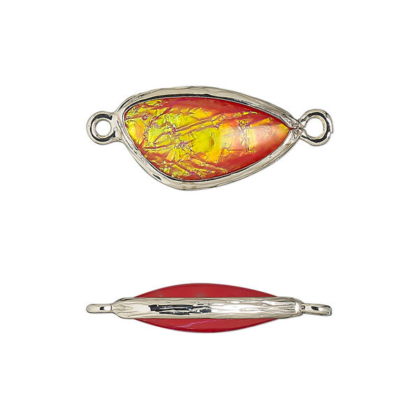 Link, Opalized Ice™, "opal" (resin) and imitation rhodium-finished brass, opaque orange, 19.5x11mm double-sided wing. Sold per pkg of 4. image number 0