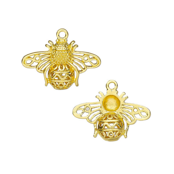 Charm, gold-finished brass, 21x14mm single-sided bee. Sold individually. image number 0