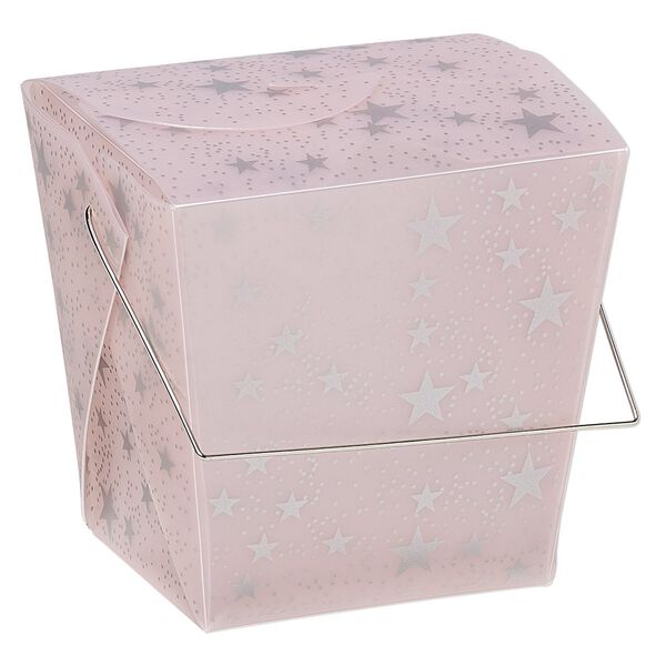 Box, plastic and silver-finished steel, pink and silver, 4-1/8 x 3-1/2 x 4-inch takeout box with star design and handle. Sold per pkg of 6. image number 0